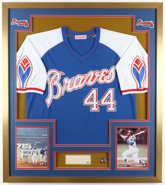 Hank Aaron Signed Braves Custom Framed Cut Display With Vintage 1974 HR Record Pin (PSA)