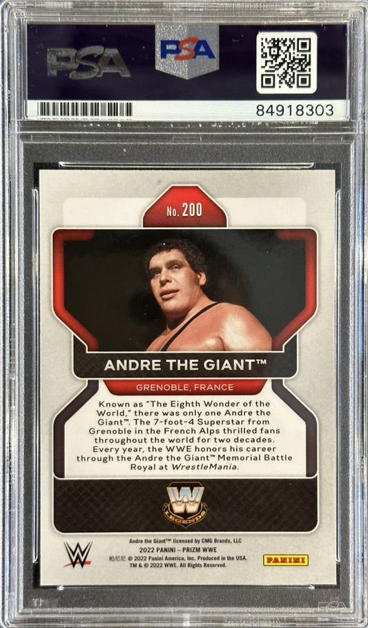 Robin Roussimoff Signed 2022 Panini Prizm WWE Andre the Giant #200 Inscribed "8th Wonder of the World" (PSA)