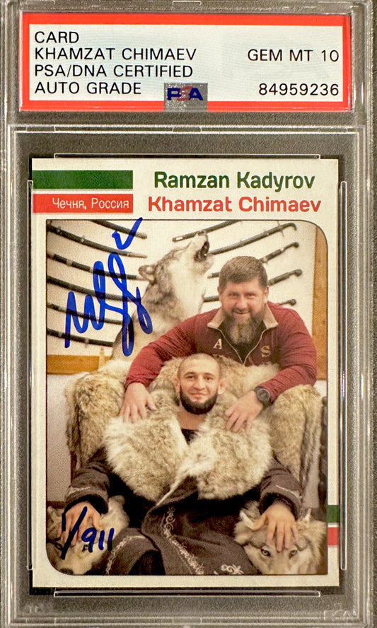 Khamzat Chimaev LE Signed Ramzan Kadyrov "The Wolves Den" Chechen Russia Card (PSA 10)