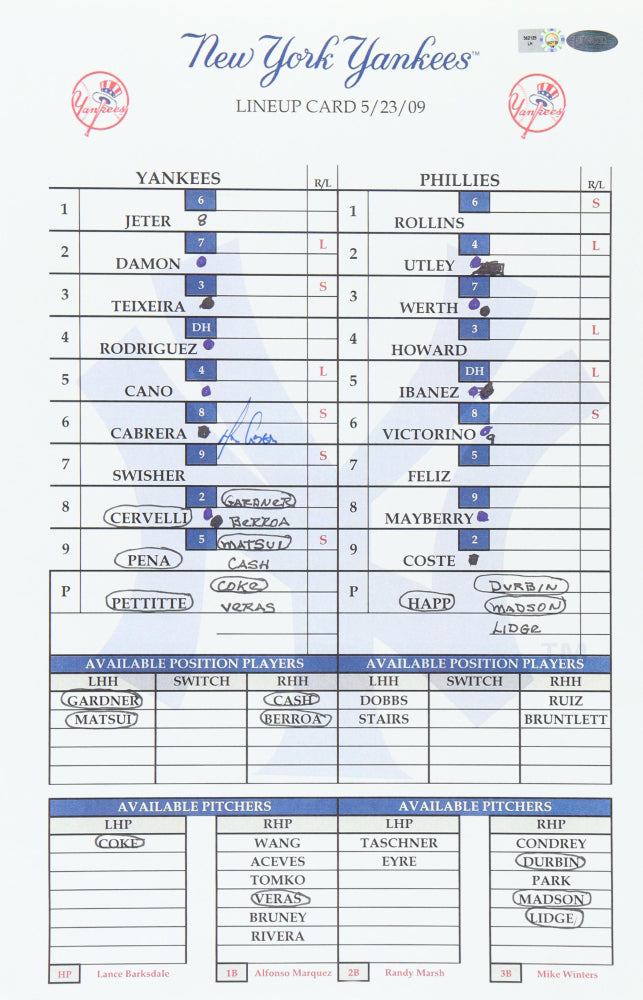 Melky Cabrera Signed Yankees 11x17 Lineup Card (Steiner & MLB)