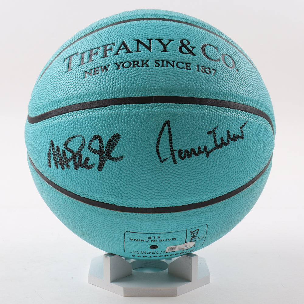 Magic Johnson & Jerry West Signed Tiffany & Co. x Spalding Basketball with All Wood Stand (Beckett)