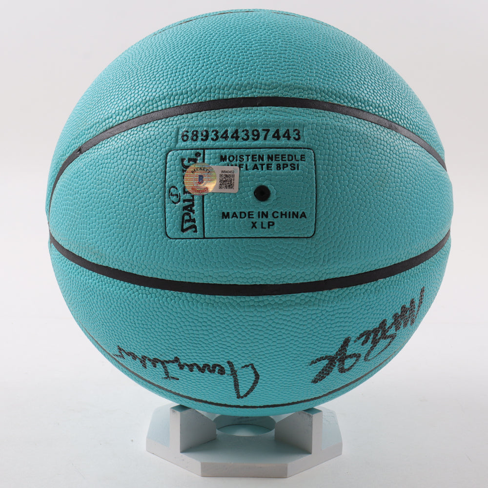 Magic Johnson & Jerry West Signed Tiffany & Co. x Spalding Basketball with All Wood Stand (Beckett)