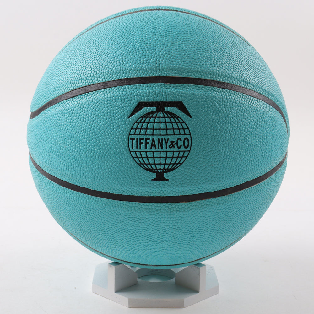 Magic Johnson & Jerry West Signed Tiffany & Co. x Spalding Basketball with All Wood Stand (Beckett)