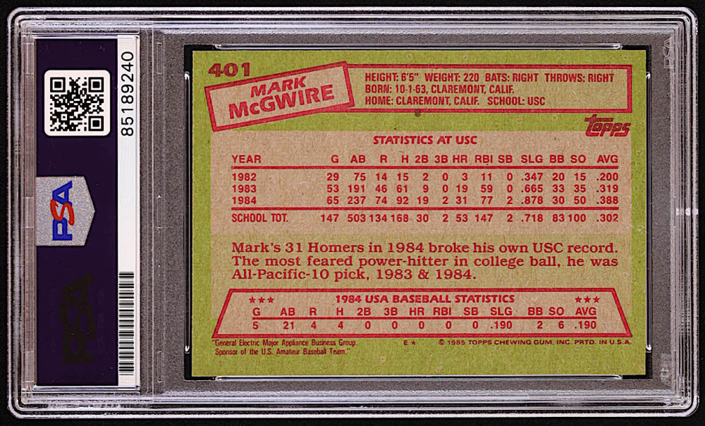 Mark McGwire Signed 1985 Topps #401 OLY RC (PSA | Auto 10)