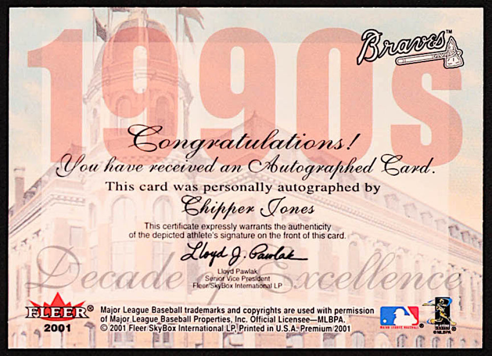 Chipper Jones 2001 Fleer Premium Decades of Excellence Autograph #12 #36/93