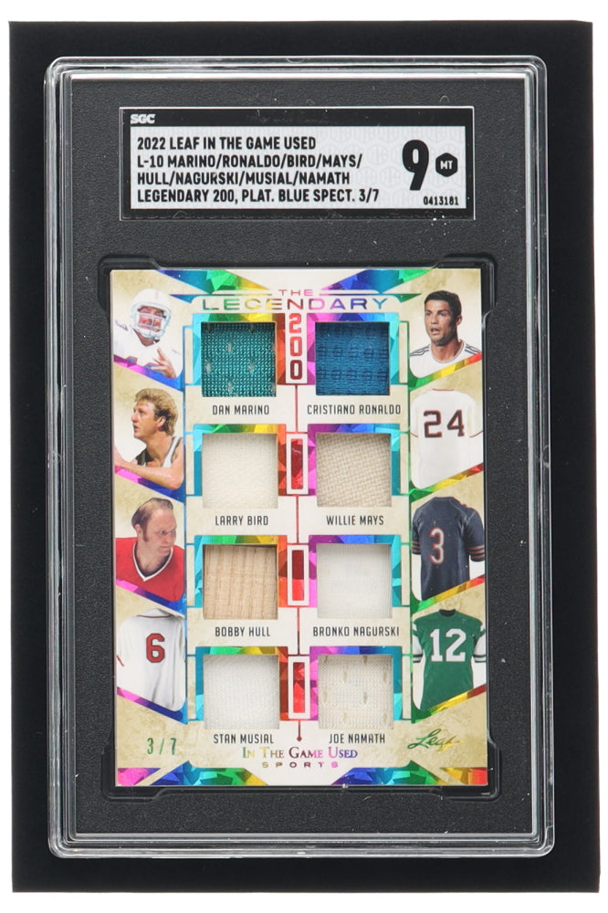 Dan Marino / Cristiano Ronaldo / Larry Bird / Willie Mays / Bobby Hull / Bronko Nagurski / Stan Musial / Joe Namath 2022 ITG Used Sports The Legendary 200 Memorabilia Rainbow Cracked Ice #L10 # 3/7 (SGC 9)