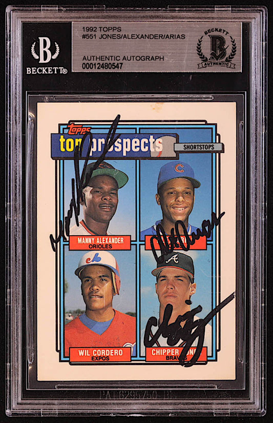 Chipper Jones, Manny Alexander & Alex Arias Signed 1992 Topps #551 Wilfredo Cordero / Chipper Jones / Manny Alexander / Alex Arias (BGS)