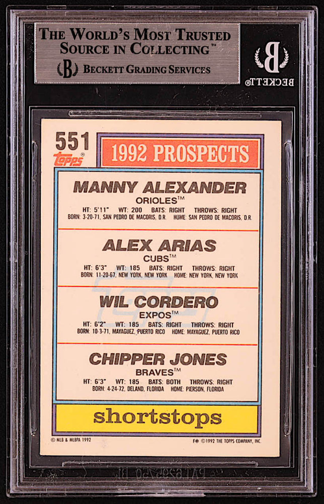 Chipper Jones, Manny Alexander & Alex Arias Signed 1992 Topps #551 Wilfredo Cordero / Chipper Jones / Manny Alexander / Alex Arias (BGS)