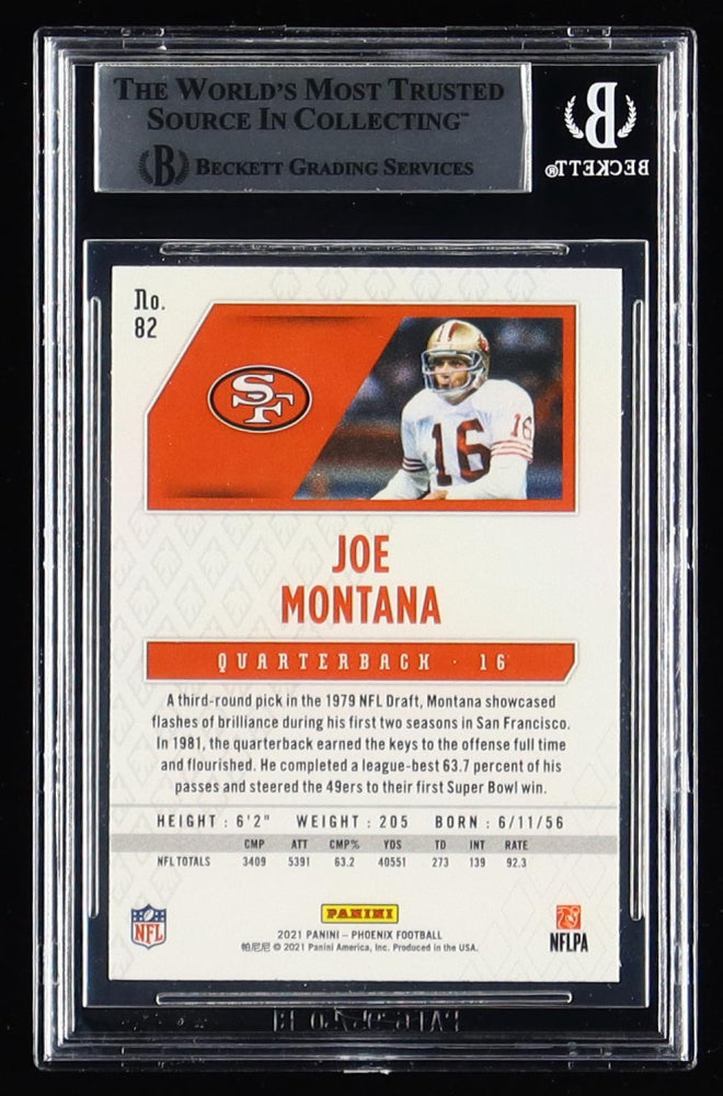 Joe Montana Signed On Sticker 2021 Panini Phoenix #82 Fire Burst (Beckett Encapsulated)