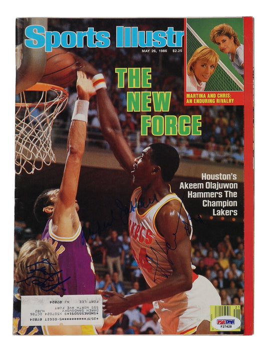 Hakeem Olajuwon, Kareem Abdul-Jabbar, & Kurt Rambis Signed 1986 Sports Illustrated Magazine (PSA)