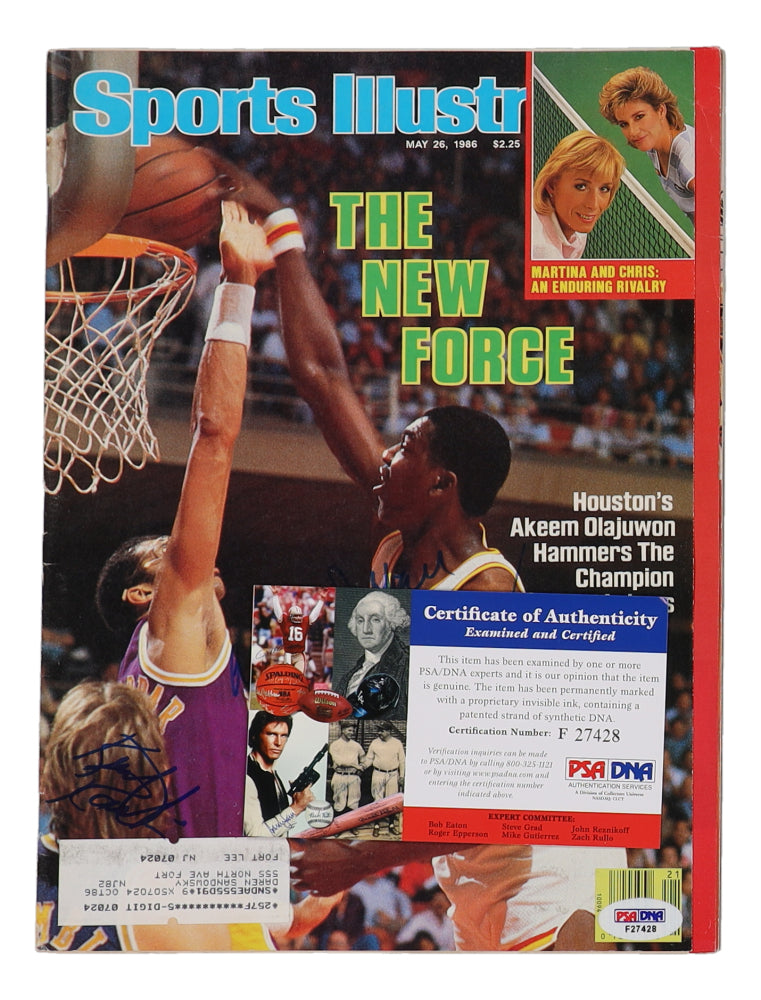 Hakeem Olajuwon, Kareem Abdul-Jabbar, & Kurt Rambis Signed 1986 Sports Illustrated Magazine (PSA)