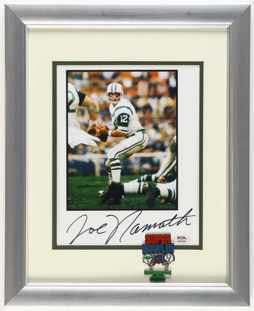 Joe Namath Signed Jets Custom Framed Photo Display With Super Bowl III World Champions Hanging Pin (PSA)