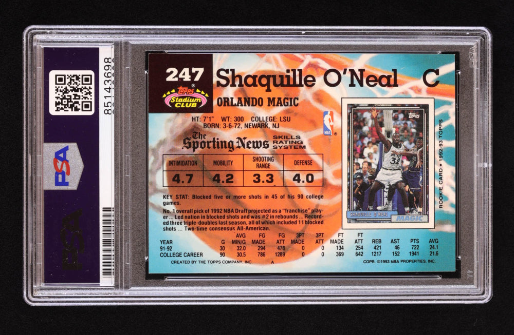 Shaquille O'Neal Signed 1992-93 Stadium Club #247 RC (PSA | Autograph Graded PSA 10)