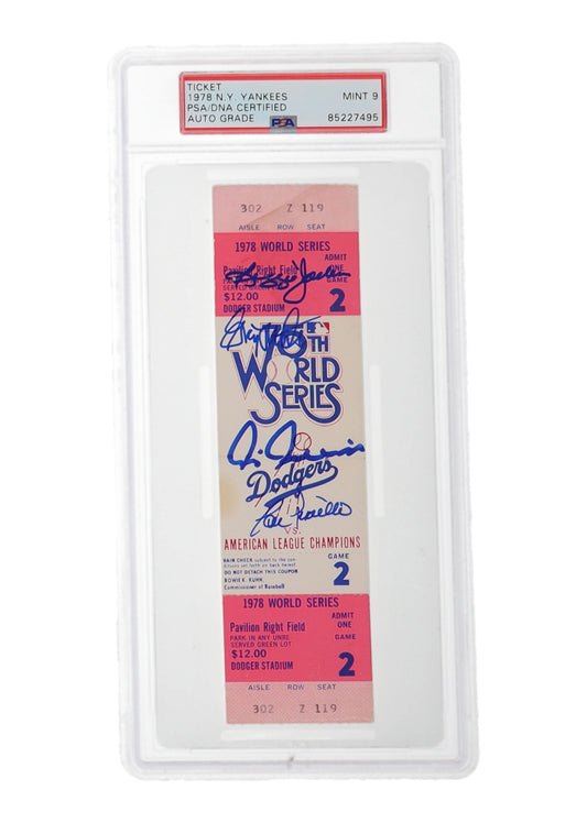 1978 Yankees World Series Ticket Signed By Reggie Jackon, Craig Nettles, Chris Chambliss & Lou Piniella (PSA | Auto Grade 9)