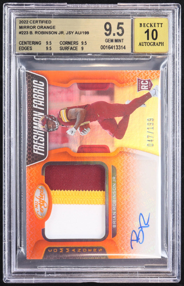 Brian Robinson Jr. 2022 Certified Mirror Orange #223 JSY AU RC #047/199 (BGS 9.5 | Autograph Grade 10)