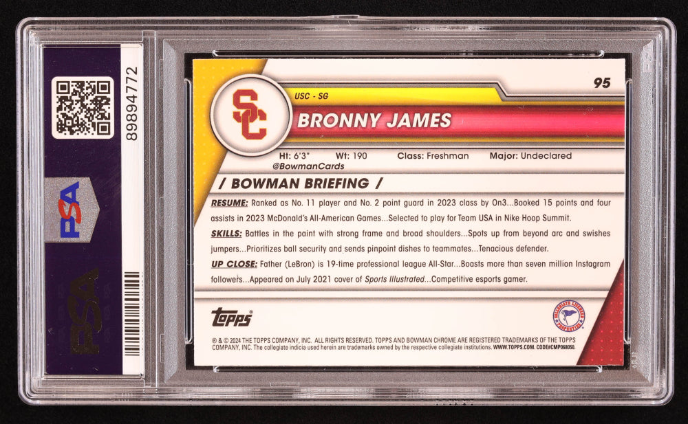 Bronny James 2023 Bowman Chrome University Sapphire #95 RC (PSA 10)