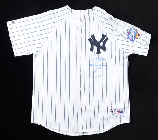 Jim Leyritz Signed Yankees Jersey With 1999 World Series Patch Inscribed "Last Home Run Of The 20th Century" (PSA & Goldin)