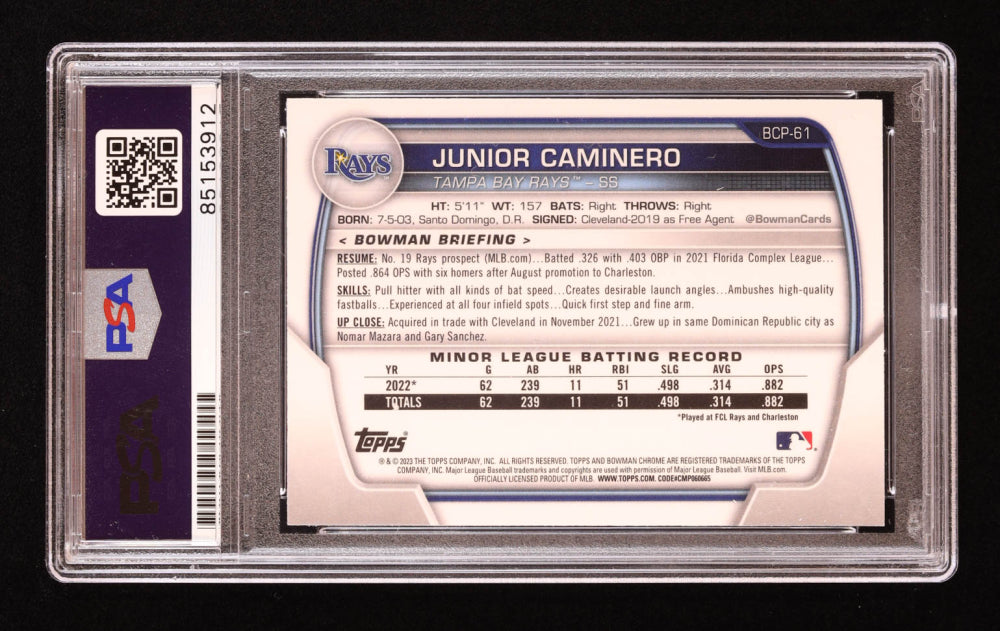 Junior Caminero Signed 2023 Bowman Chrome Prospects #BCP61 RC (PSA | Autograph Grade 10)