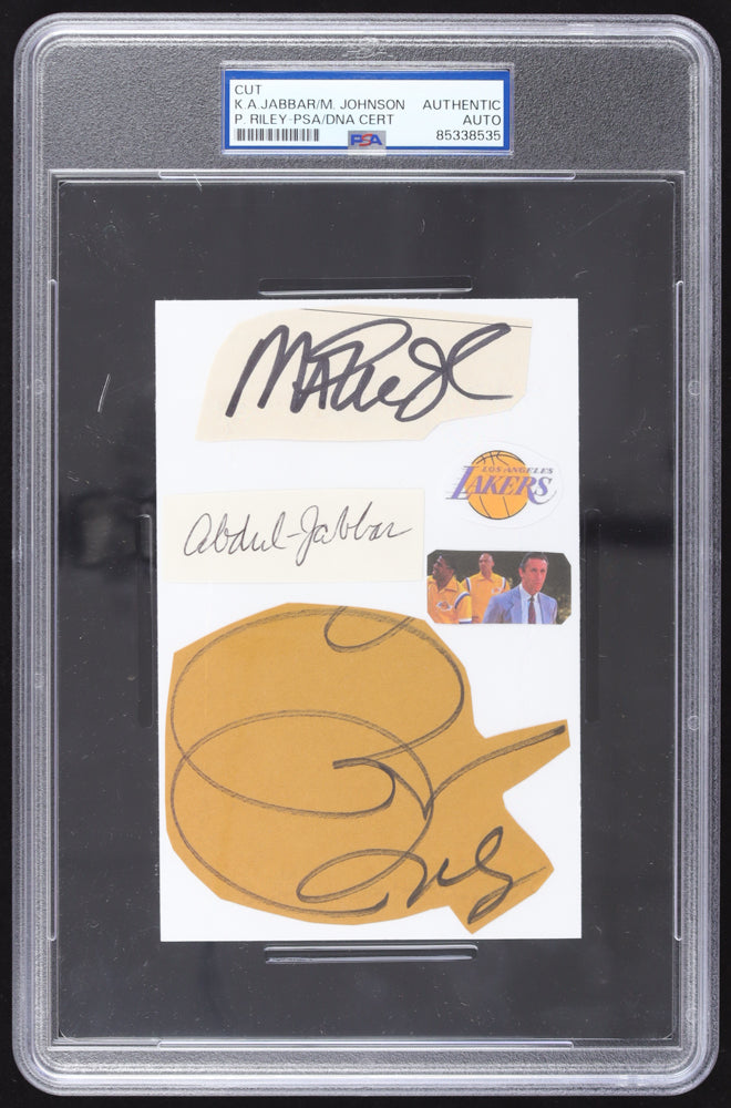 Kareem Abdul-Jabbar, Magic Johnson & Pat Riley Signed Showtime Lakers 4x6 (3) Cut Collage (PSA)