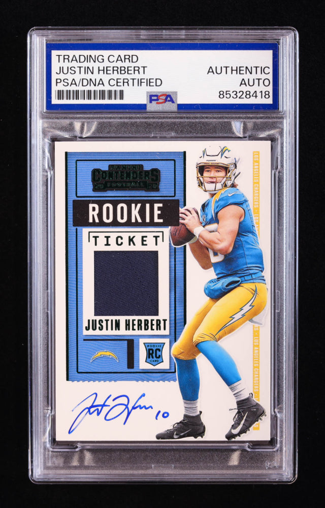 Justin Herbert Signed 2020 Panini Contenders Rookie Ticket Swatches #4 RC (PSA) Rookie Card