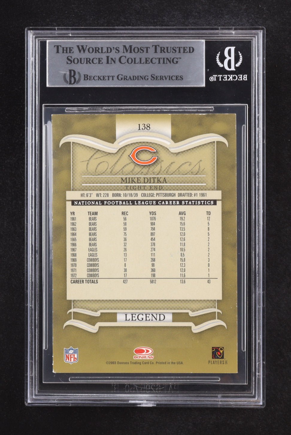 Mike Ditka Signed 2003 Donruss Classics Card HOF 88 Inscription Beckett Auth (view 2)