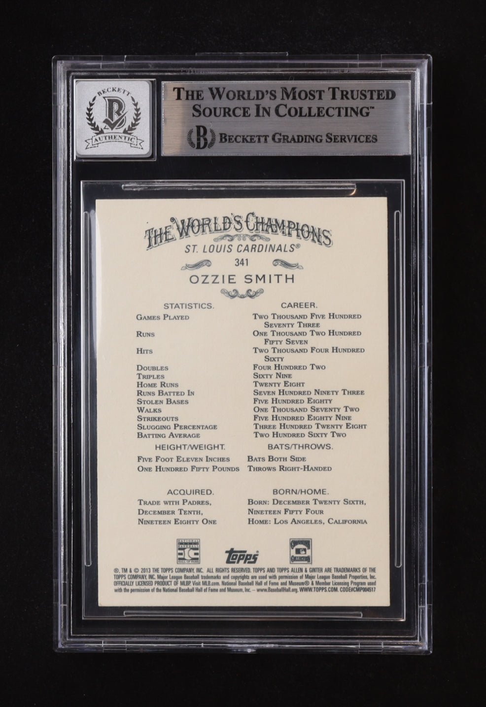 Ozzie Smith 2013 Topps Allen And Ginter Auto Beckett 10 - Price Is Right Miami