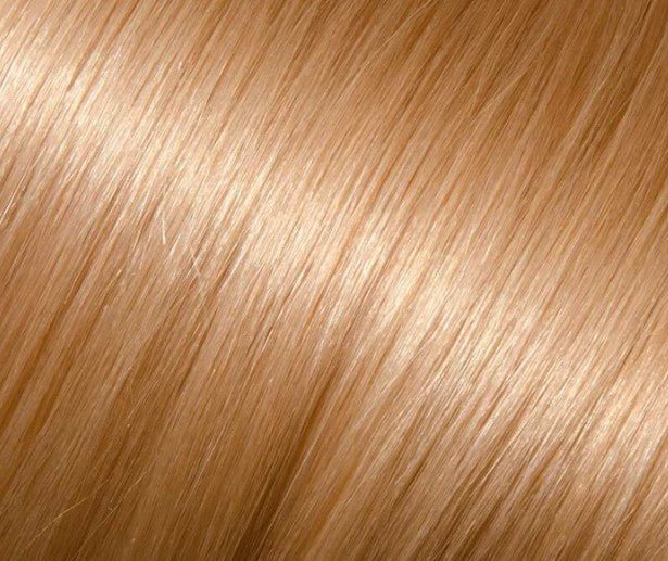 Babe 18" 100% human hair straight extension swatch in warm golden blonde