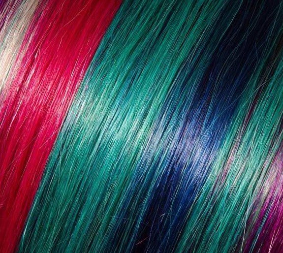 Babe 18" 100% human hair straight extension swatch in Funky multi-tone pink, teal, blue and blonde