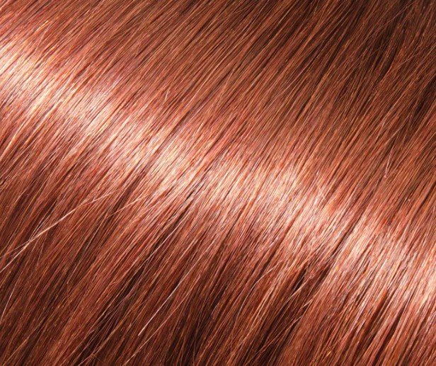 Babe 18" 100% human hair straight extension swatch in light copper strawberry blonde
