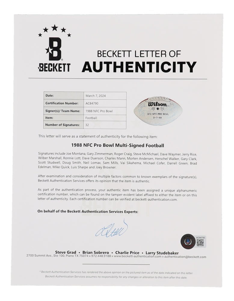 1988 NFC Pro Bowl NFL Football Signed by (32) with Joe Montana, Jerry Rice, Roger Craig, Ronnie Lott, Herschel Walker (Beckett) - Price Is Right Miami