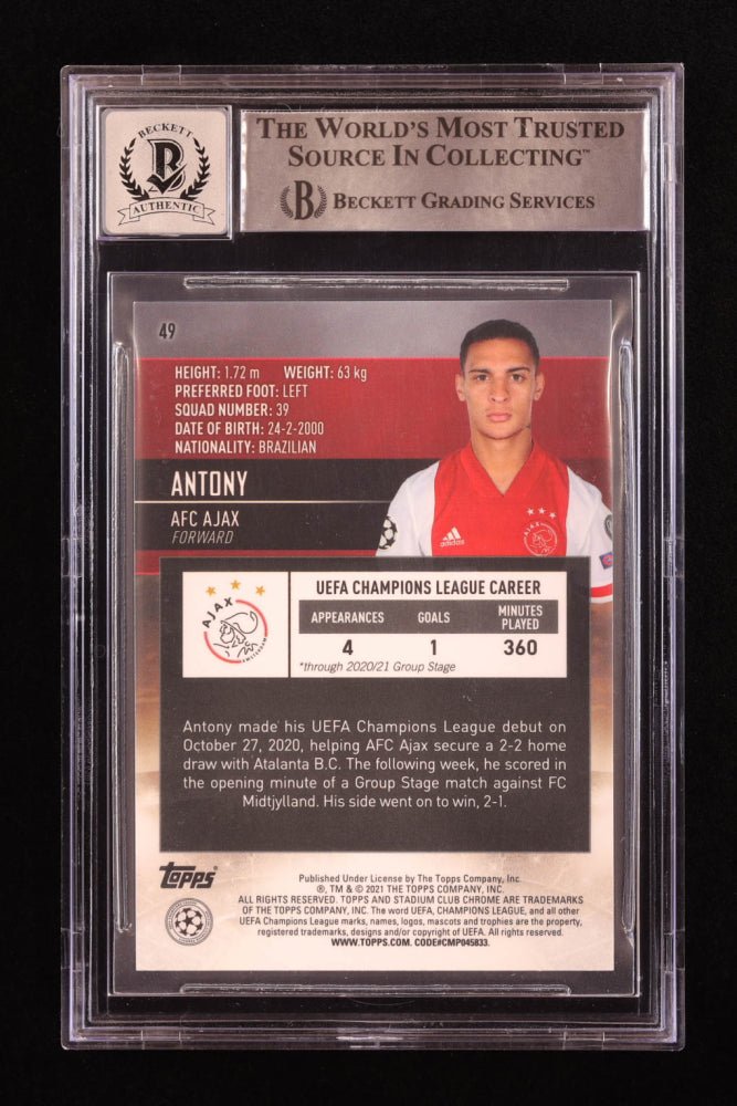 Antony Signed 2020-21 Stadium Club Chrome #49 RC (BGS 10), Sports Card