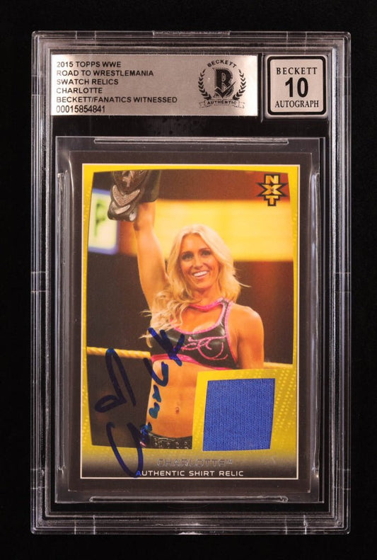 Charlotte Flair Signed 2015 Topps WWE Road to WrestleMania Swatch Relics #NNO (BGS | Auto 10) - Price Is Right Miami