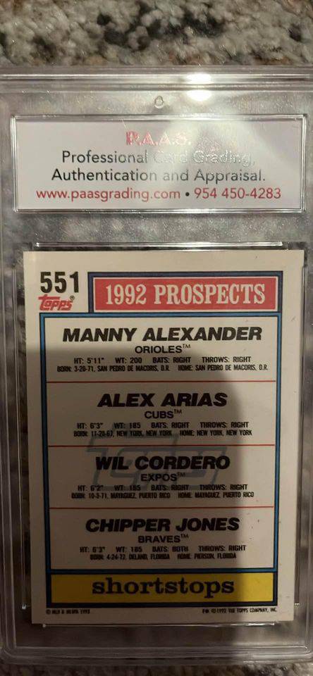 1992 Topps Prospects Chipper Jones shortstop card graded and authenticated in protective case