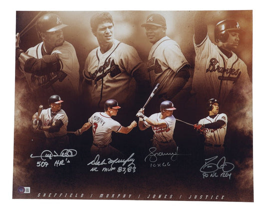 Dale Murphy, Dave justice, Andrew Jones & Gary Sheffield Signed Braves 16x20 Photo With (4) Career Stat Inscriptions (Beckett) - Price Is Right Miami