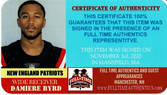 Damiere Byrd New England Patriots Autographed 8x10 Photo Full Time coa (view 2)