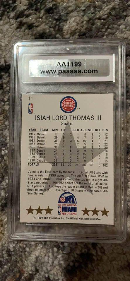 Isiah Thomas basketball card showing career stats from 1982 to 1990 with Detroit Pistons in protective case