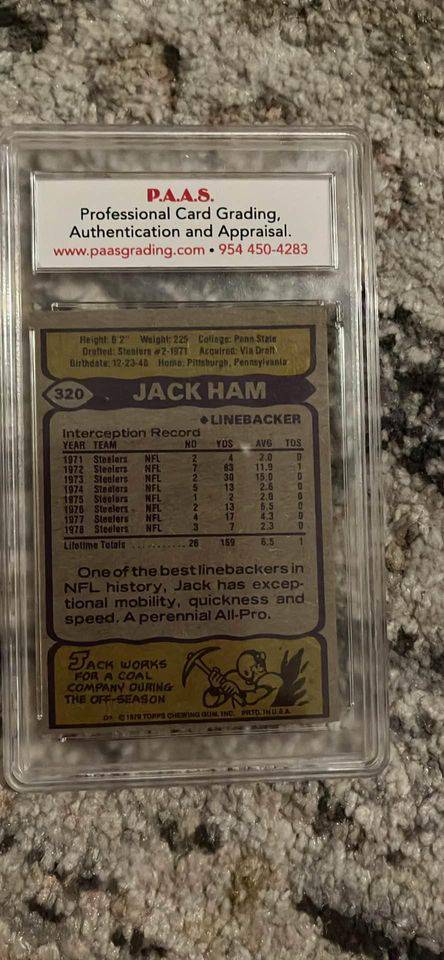 Jack Ham NFL linebacker card graded and authenticated by P.A.A.S. with detailed career interception stats and bio.
