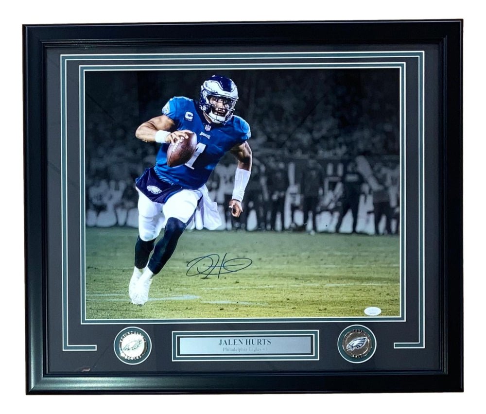 Jalen Hurts Signed Eagles Custom Framed Photo Display (JSA) JSA 22" by 27", Autographed Memorabilia
