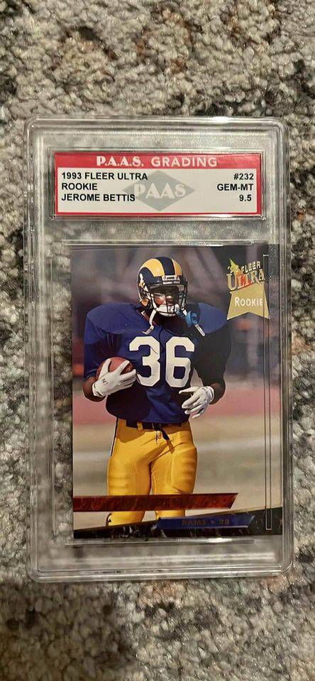 1993 Fleer Ultra rookie football card of Jerome Bettis graded GEM-MT 9.5 in protective case
