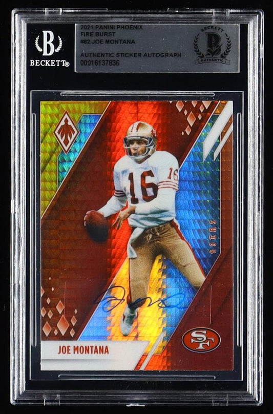 Joe Montana Signed On Sticker 2021 Panini Phoenix #82 Fire Burst (Beckett Encapsulated) - Price Is Right Miami