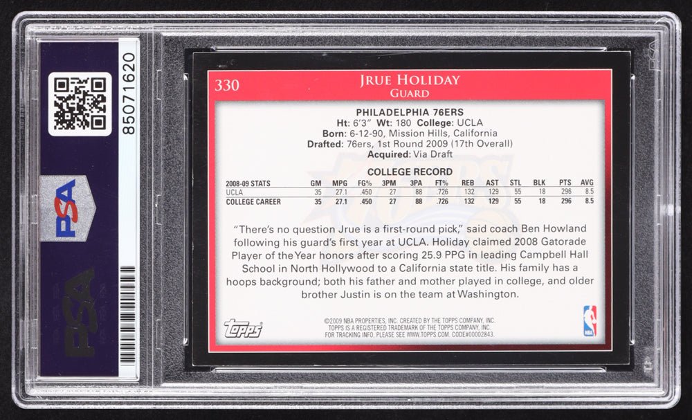 Jrue Holiday Signed 2009-10 Topps #330 RC (PSA | Autograph Graded PSA 10) Rookie Card (view 2)