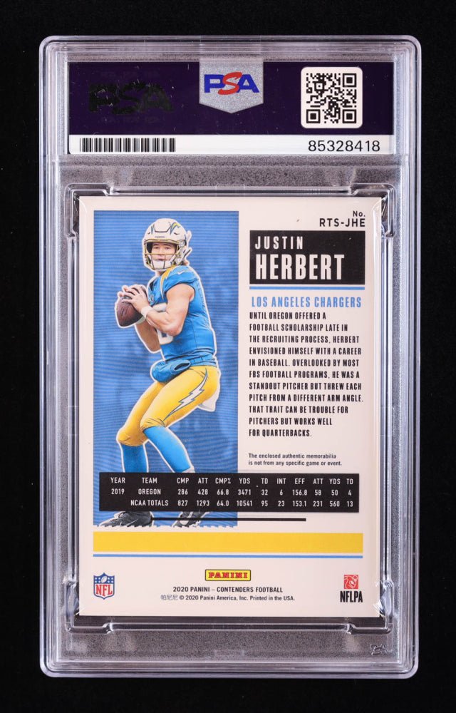 Justin Herbert Signed 2020 Panini Contenders Rookie Ticket Swatches #4 RC (PSA) Rookie Card (view 2)