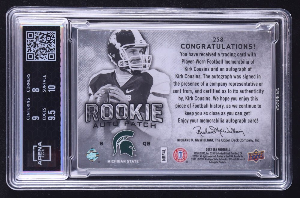 Kirk Cousins Signed 2012 SP Authentic #258 Jersey Autograph #071/885 RC (Arena Club 8.5) Autograph Graded 10 | Rookie...