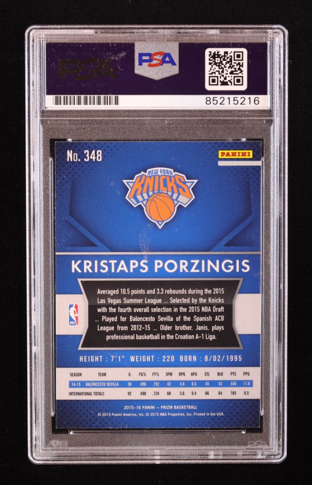 Kristaps Porzingis Signed 2015-16 Panini Prizm #348 RC (PSA | Auto 10), Sports Card (view 2)