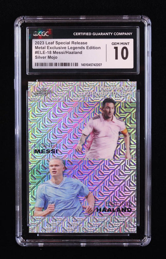 Lionel Messi / Erling Haaland 2023 Leaf Metal Special Release Exclusive Legends Edition Mojo Silver #ELE18 #14/25 (CGC 10) Serially Numbered #14 / 25 - Price Is Right Miami