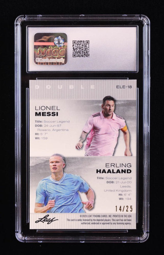 Lionel Messi / Erling Haaland 2023 Leaf Metal Special Release Exclusive Legends Edition Mojo Silver #ELE18 #14/25 (CGC 10) Serially Numbered #14 / 25 - Price Is Right Miami