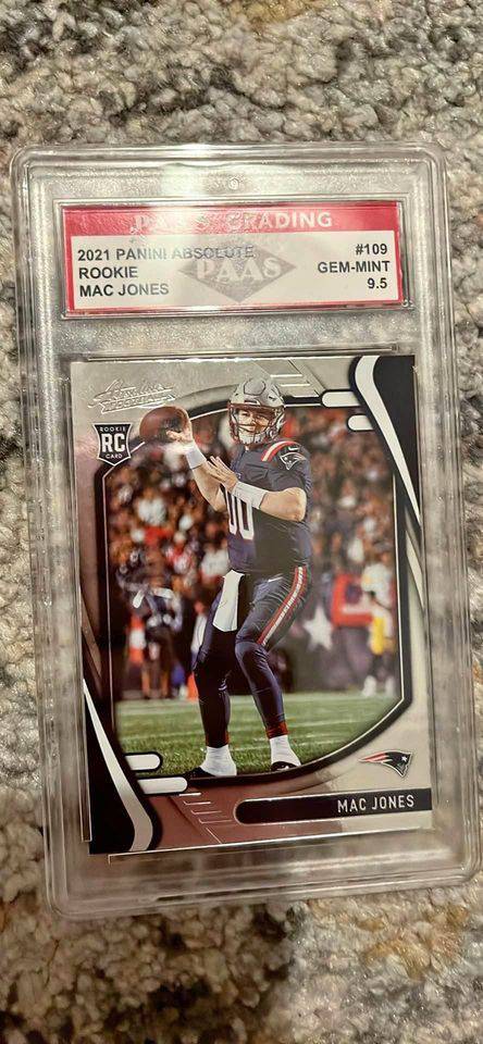 2021 Panini Absolute Mac Jones rookie card graded Gem-Mint 9.5 in protective plastic case