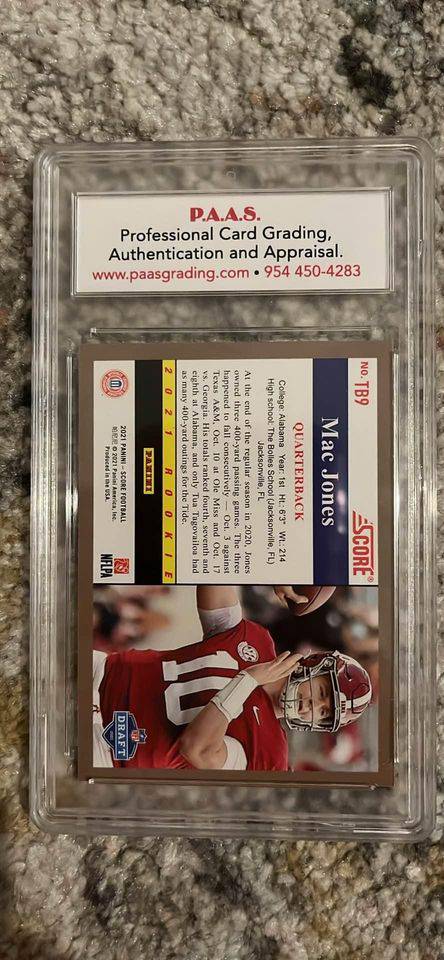 Mac Jones 2021 Score rookie football card graded and authenticated by P.A.A.S. inside protective case