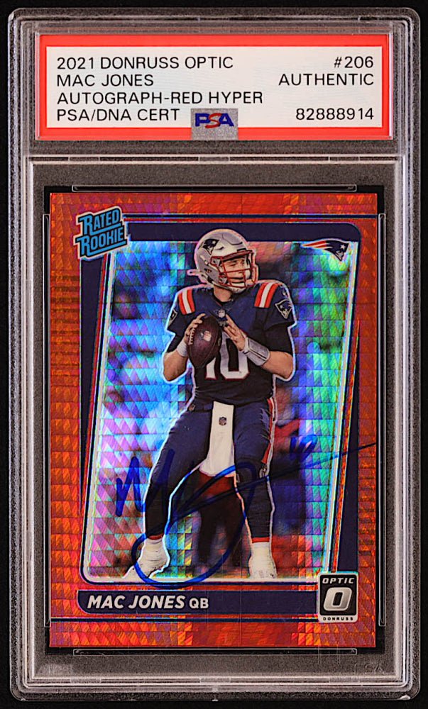 Mac Jones Signed 2021 Donruss Optic Red Hyper #206 RR RC (PSA), Sports Card
