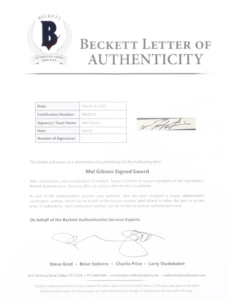 Mel Gibson Signed Braveheart Replica Sword (Beckett), Autographed Memorabilia (view 4)